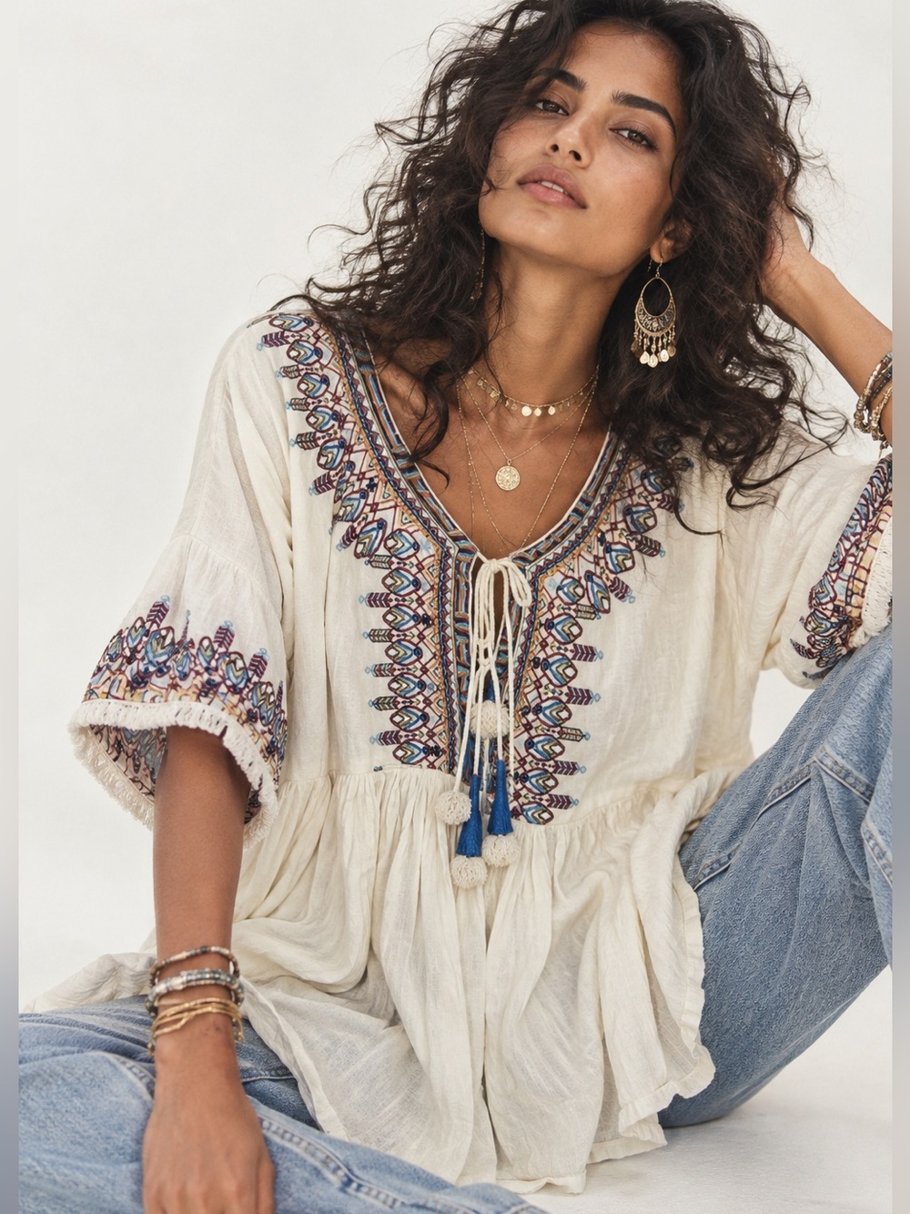 Velvet by Graham & Spencer Cream Embroidered Boho Tunic